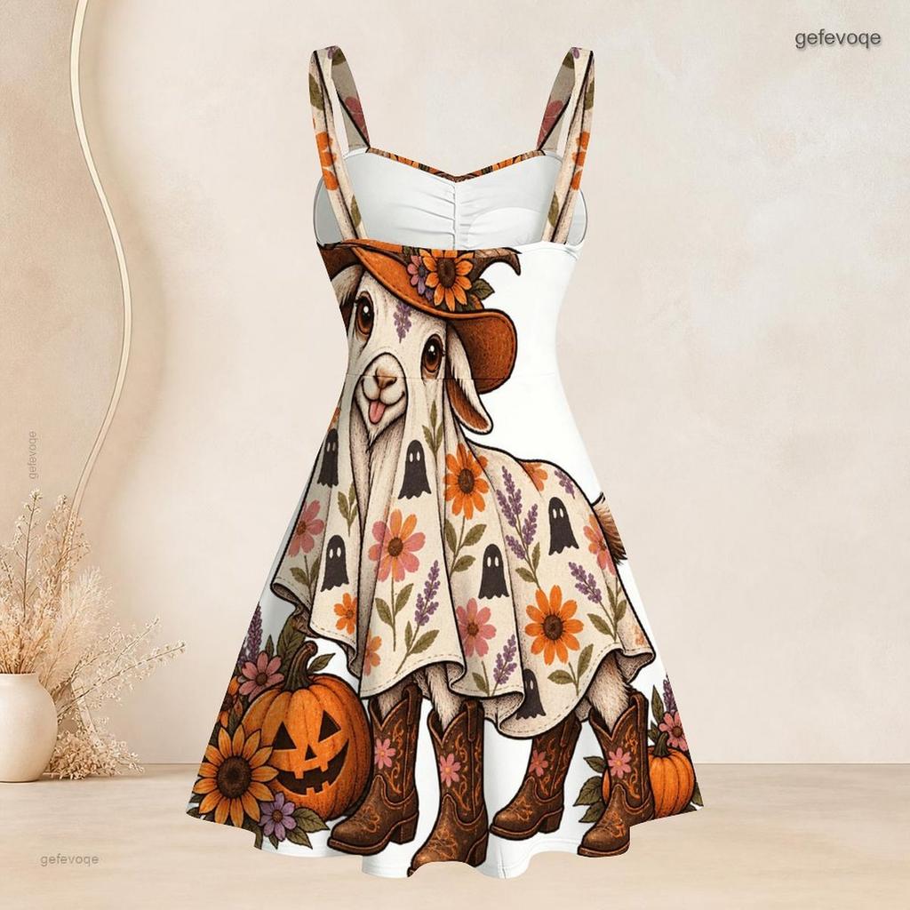Women Plus Size Sleeveless Strappy Square Neck Halloween Western Pumpkin Printed White Flare Dress