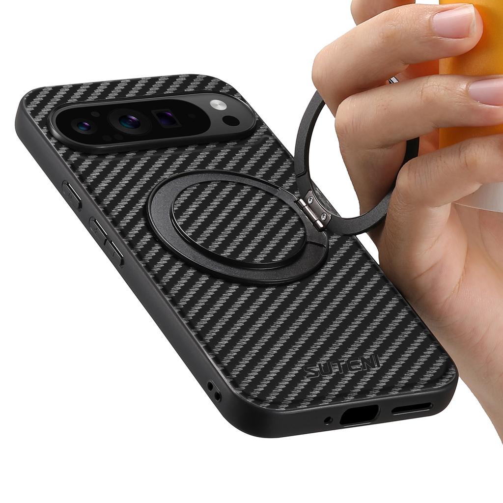 SUTENI G3 For Google Pixel 10/10 Pro Magnetic Case 360 Degree Rotating Kickstand Carbon Fiber Texture PU Phone Back Cover