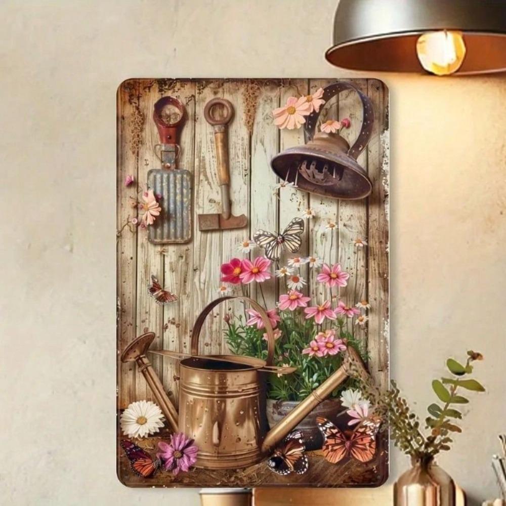 Retro Iron Rose Watering Can Metal Poster, Wall Art for Home Garden Garage
