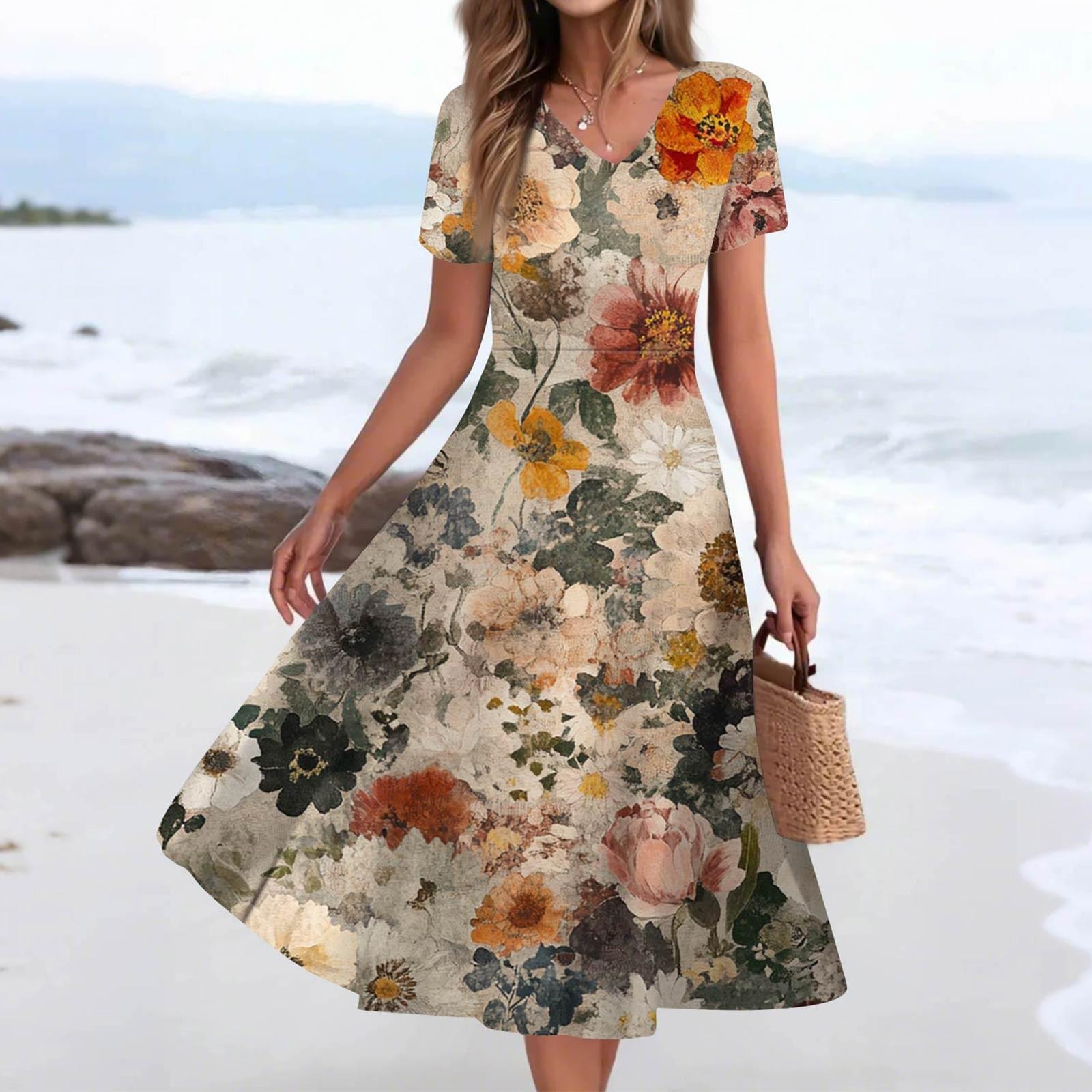 

Женское летнее повседневное модное платье с принтом и карманом, коротким рукавом и V-образным вырезом XXL хаки