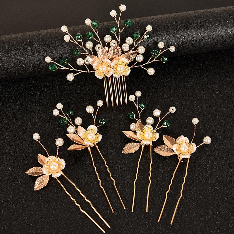 

5 шт. Жемчужное цветочное украшение Лист Винтажное золото Ретро Набор из 5 штук Изысканные заколки для волос сказочные Шпильки для волос Элегантные зелёный/золотой