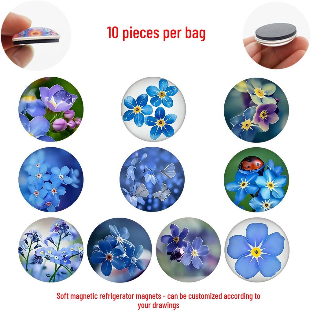 Blue Forget-Me-Not Crystal Glass Magnetic Refrigerator Magnet - Home Kitchen Decoration