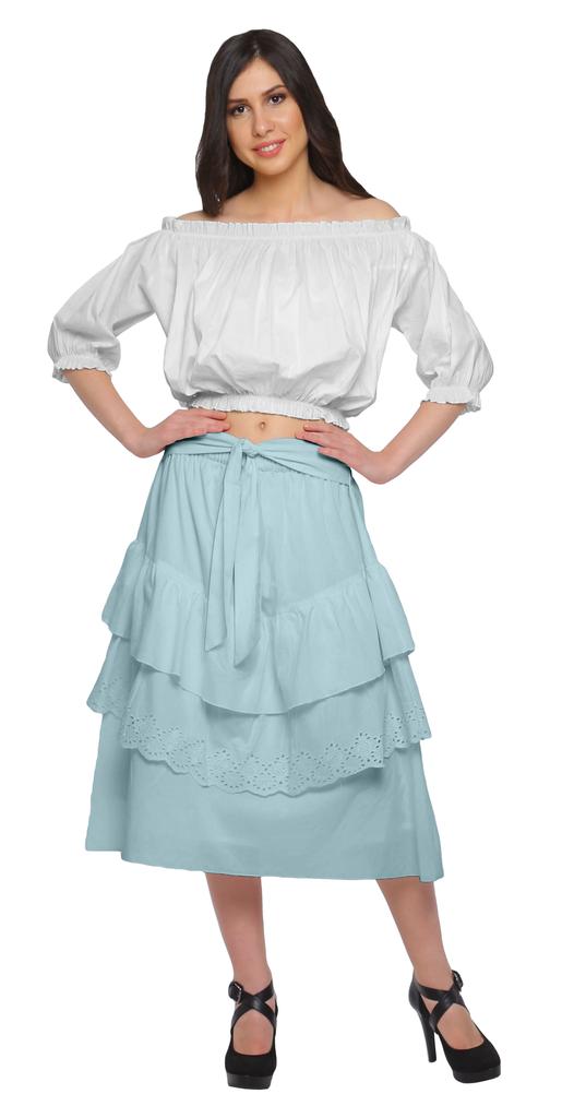 Moomaya Solid Cotton Skirts For Women Knee Length With Lace Belt Ruffle