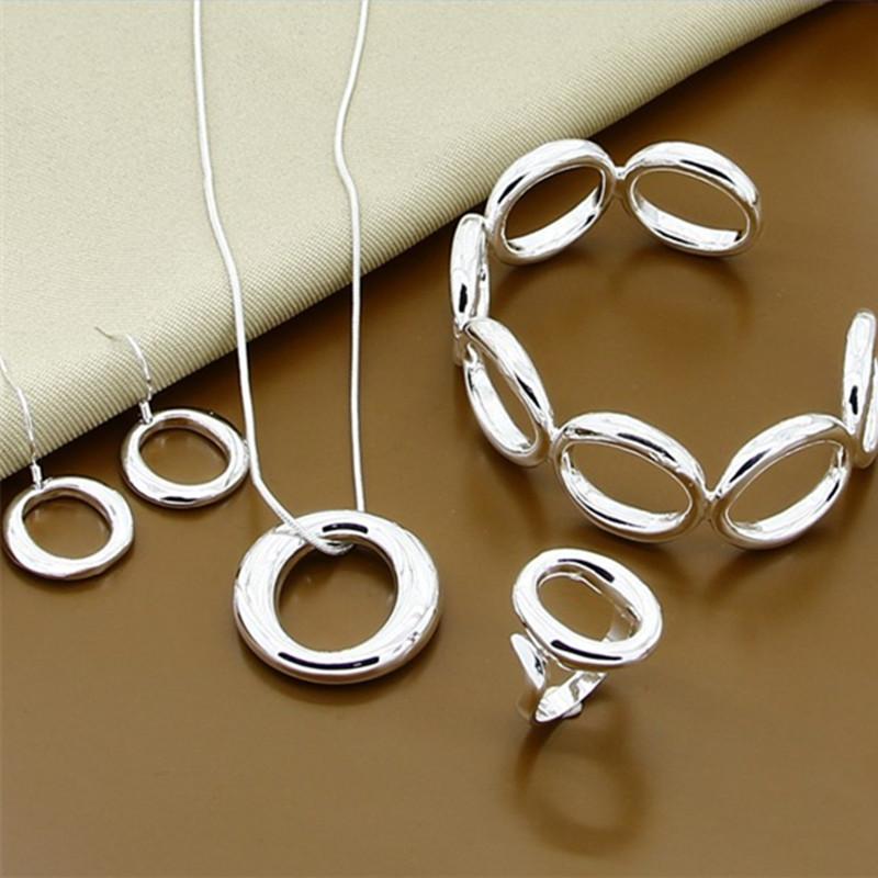 925 Sterling Silver Round Circle O Necklace Bracelet Earring Ring Set For Woman Wedding Engagement Fashion Jewelry Gift
