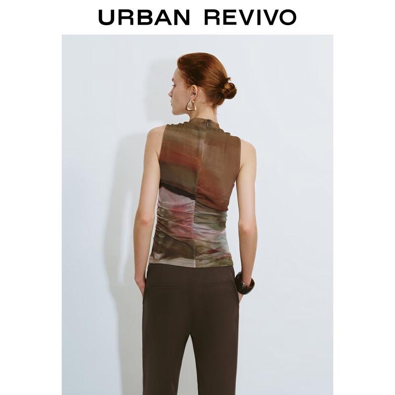UR 2025 Fall Women's Retro Abstract Print Mesh Pleated Vest