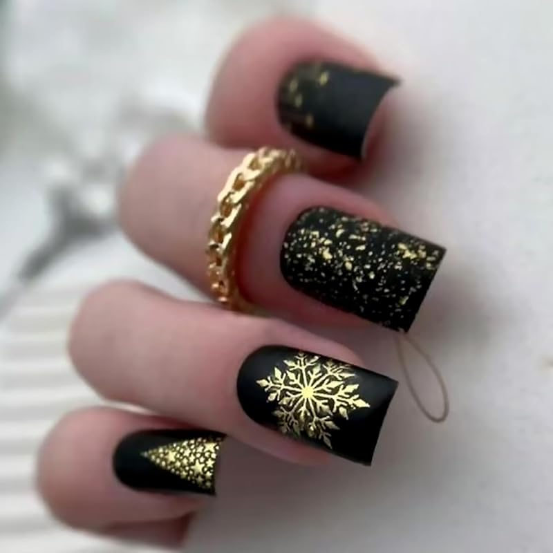 Christmas Press On Nails Medium Square Fake Nails with Gold Snowflake Christmas Tree Designs Xmas Red False Nail Acrylic Winter Snow Stick On Nail