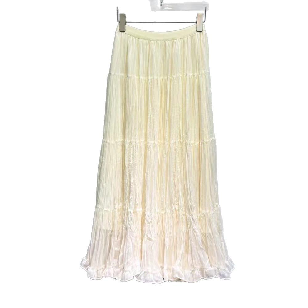 French Gentle Wind Ruffle Leaf Edge Mesh Skirt Women's Summer Long Pleated Thin Lazy Holiday Style A-word Skirt