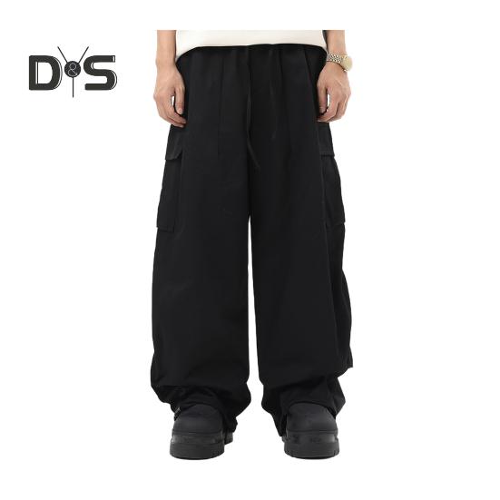 

Мужские брюки-карго, свободные, широкие, винтажный стиль, эластичный пояс на шнурке, множество карманов, уличные брюки в стиле хип-хоп, длинные брюки L чёрный