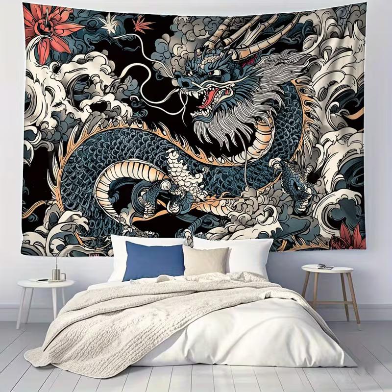 2D Oriental Dragon Wave Tapestry Black Background Home Background Cloth