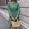 Fashion Women's Color Round Neck Waist Tie Long Sleeve Dress Winter