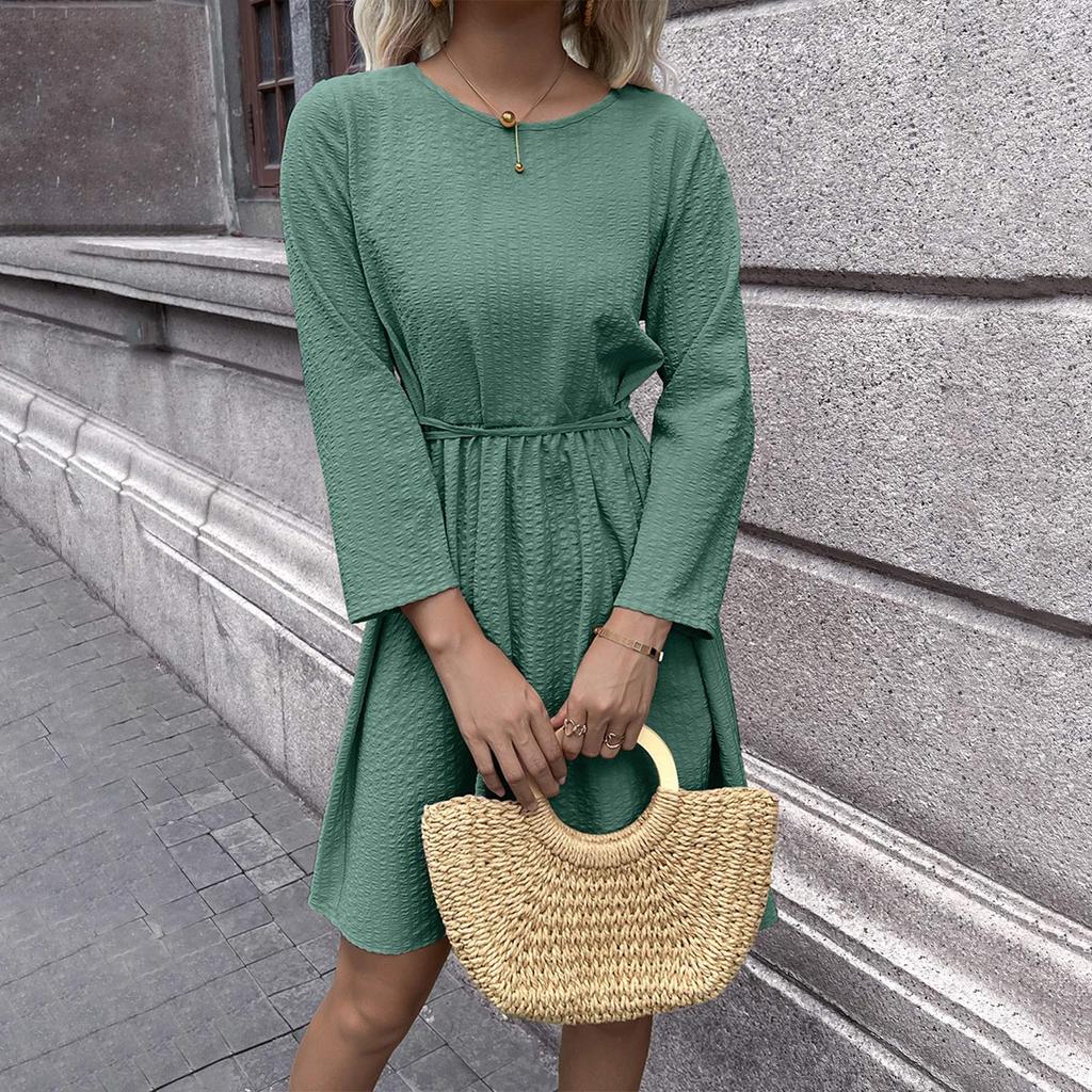 Fashion Women's Color Round Neck Waist Tie Long Sleeve Dress Winter
