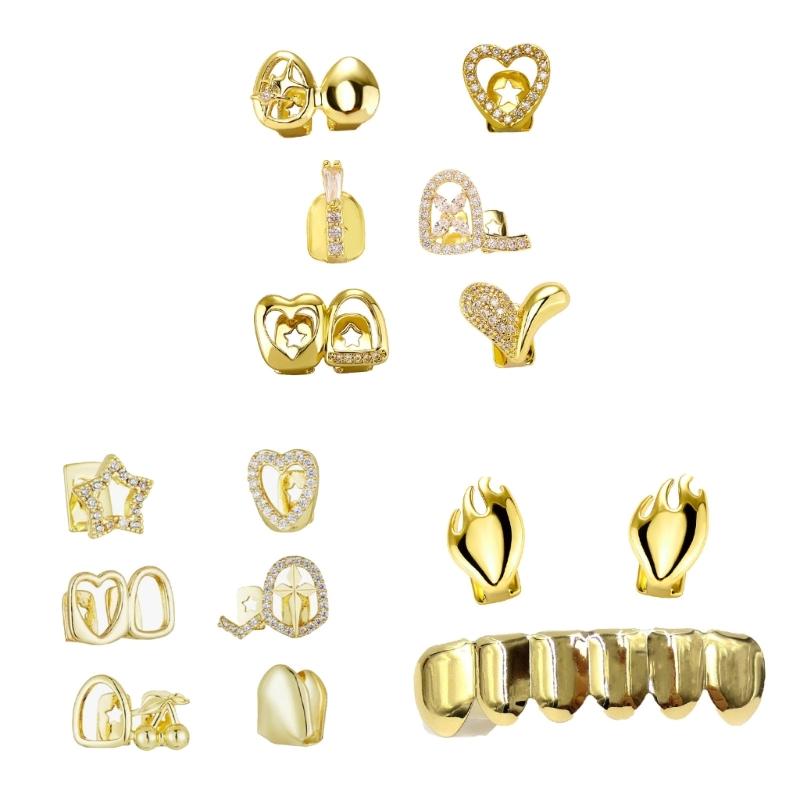 Fashionable Metal Fang Grillzs Hollow Teeth Jewelry Copper Texture Dental Accessory Suitable for Parties and Event