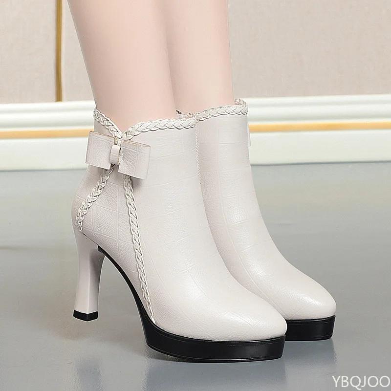 Small Size Spring and Autumn Fashion New High Heels Women's Boots with Bow Pointed Tip Thin Heel Zipper Fashion Women's Boots