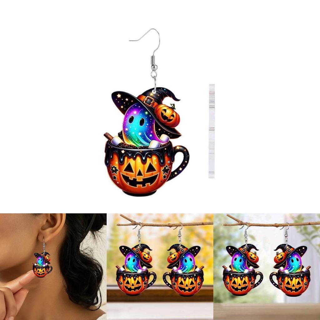 Halloween Themed Colorful Cartoon Ghost Pumpkin Pattern Women Earrings Acrylic