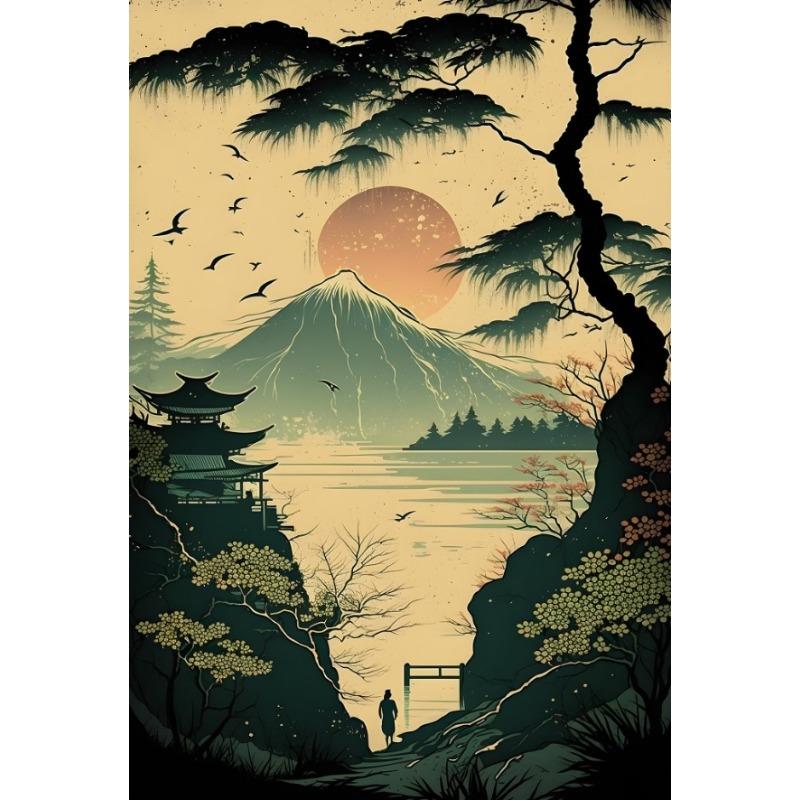 Retro Japanischer Kirschblüten Sakura Tempellandschaft Poster Leinwand Malerei Wandkunst Bild Modernes Zimmer Heimdekor Cuadros