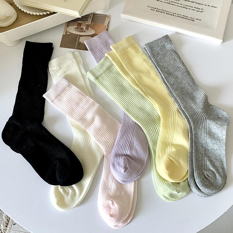 Simple Plain Color Stacked Socks Women'S Mid-Length Summer Thin Solid Color Calf Socks Candy-Colored Trendy Socks