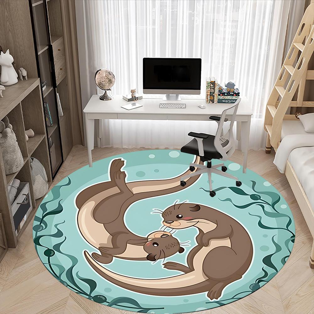 1pc Otter Family Office Round Area Rug, Indoor Mat Suitable For Office, Under Office Chairs Bedroom Living Room Home Decor, Room Deco