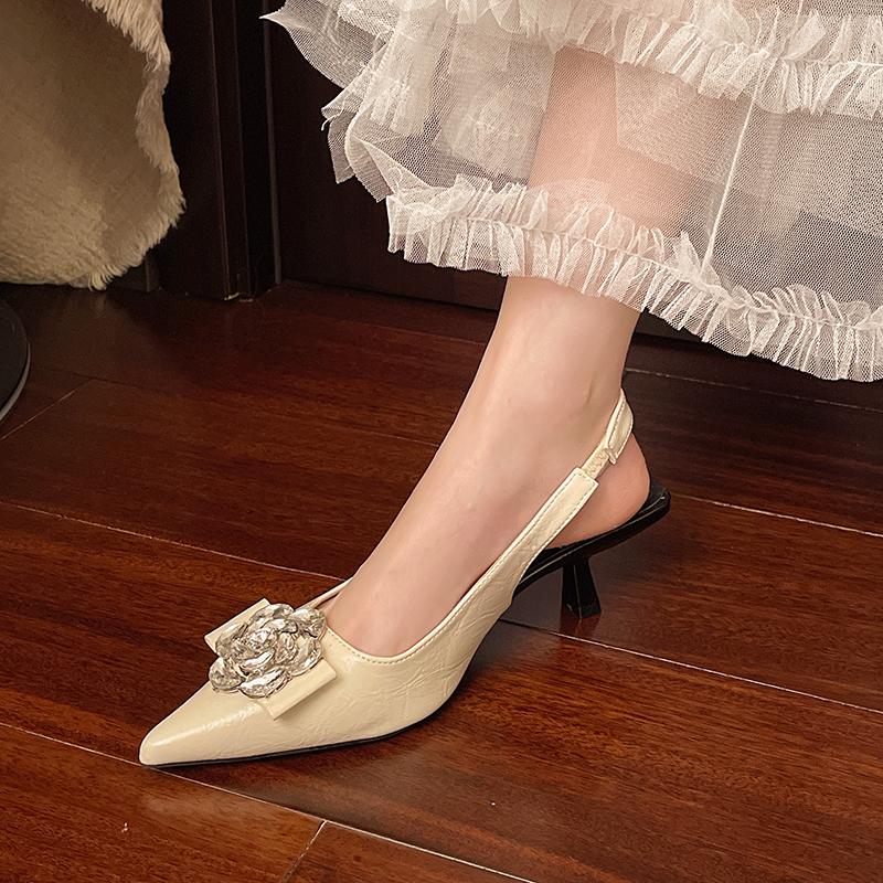 Women's Pointy Shallow Mouth Crystal Flower Butterfly Knot Set Foot Non-slip Heel Shoes Overhead Sandals