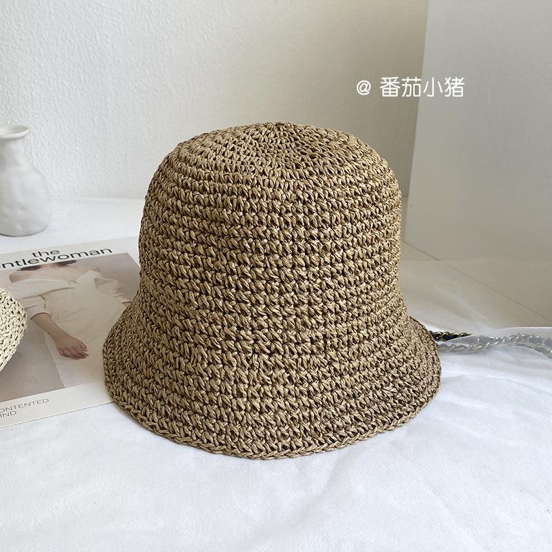 

Женская плетеная шляпа-ведро ручной работы, универсальная шляпа-ведро, летняя солнцезащитная шляпа, складная шляпа от солнца Adult (56-59cm) верблюд