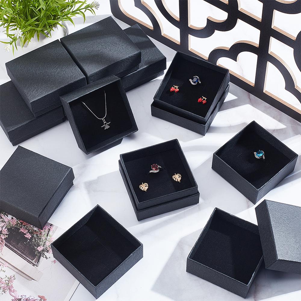 1set Texture Paper Jewelry Gift Boxes with Sponge Mat Inside Square Black 9.1x9.1x2.9cm Inner Diameter: 8.5x8.5cm Deep: 2.6cm 16pcs/set