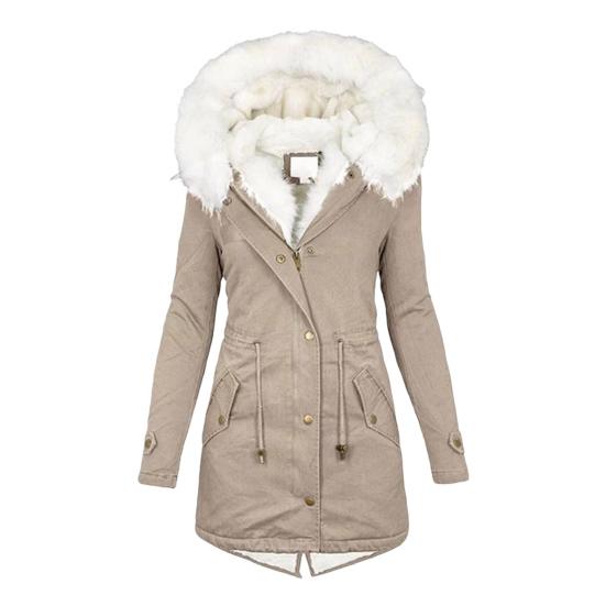 Abrigo de invierno de algodón para mujer, talla grande, capucha de piel sintética, forro polar, cremallera y botón a presión.