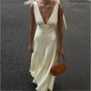 Spring New, Fashionable and Elegant V-neck Lace-up Solid Color Splicing Dress