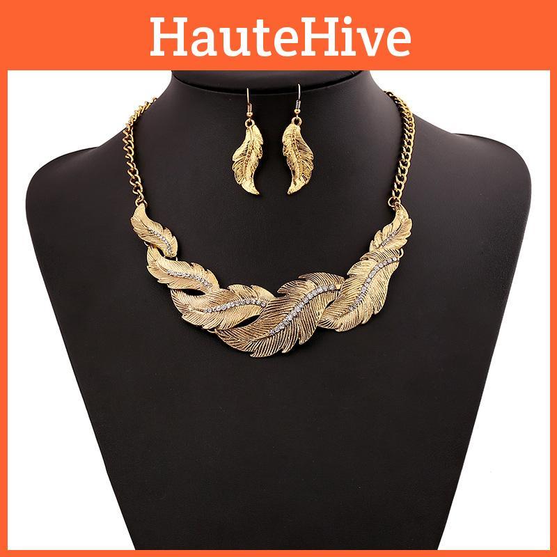 Fashion Rhinestone Decoration Feather Design Women Gold Necklace And Earring Set For Fashion And Gift Giving
