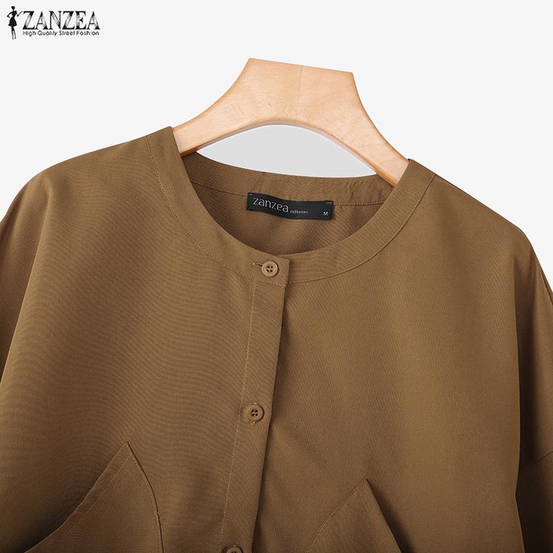 ZANZEA Women Casual Round Neck Loose Long Sleeve Solid Blouse
