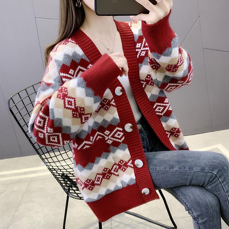 Autumn and winter new knitted cardigan retro rhombus lattice lazy wind loose sweater jacket women