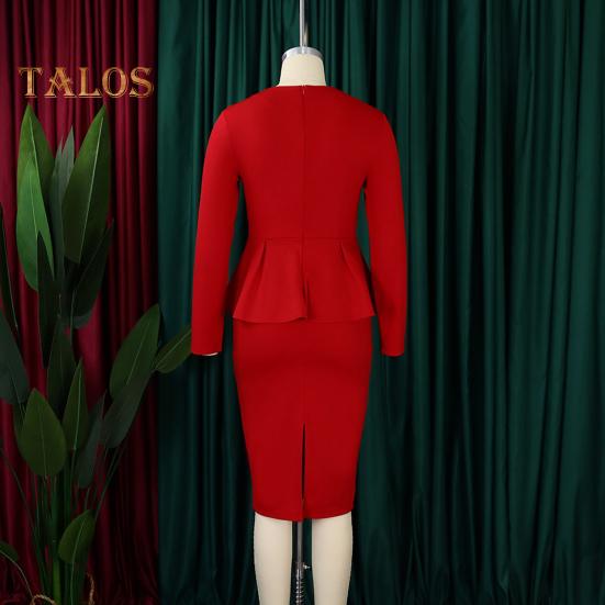 Vestido de negocios para mujer, escote cuadrado, manga larga, color puro, con volantes, retazos, corte entallado, vestido formal midi para desplazamientos diarios