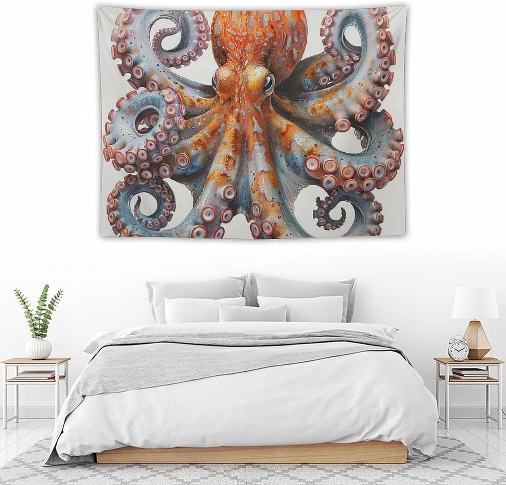 Realistic Octopus Tapestry, Calming Wall Art with Watercolor Octopus, Orange & Blue Tones, Ideal for Home & Ocean Themed Spaces