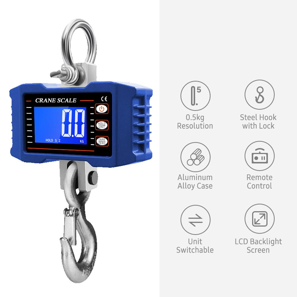 Digital Hanging Scale with Remote Control 1000kg/ 2204lbs Portable Hvy Duty Crane Scale LCD Backlight Industrial Hook Scales Unit Change/ Data Hold/ T