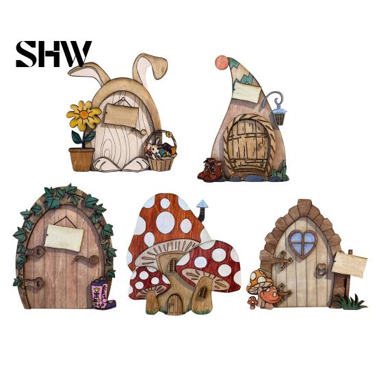Rustic Pine Wood Craft Wooden Fairy Door Decor, 2D Gnome Elf Ornament, Bunny Mushroom Hand Easter Gift for Kids Painted Craft, House Decoration