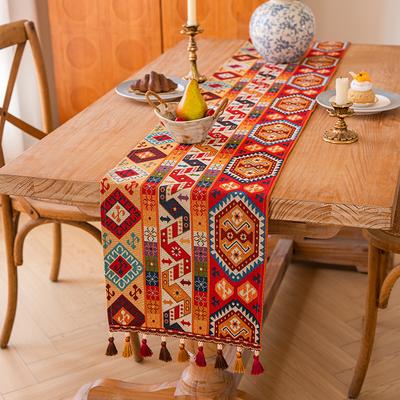 Bohemian Table Runner American Retro Polycotton Jacquard Tablecloth, Long Rectangular Farmhouse Dining Table Decor Bohemian Coffee Table Cover
