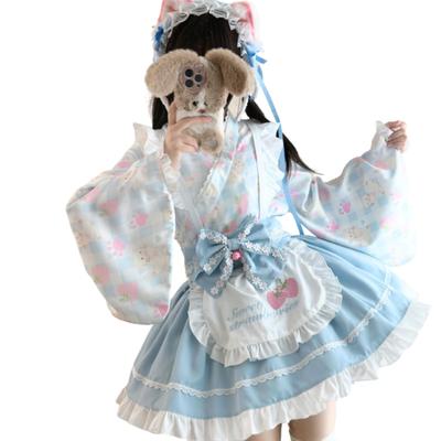 Uccellino Maid Outfit with Moe Lolita Kimono Apron with Gothic Strawberry Halloween Cosplay Japanese-Style Sleeves, Ribbon, Design, (Blue, L)