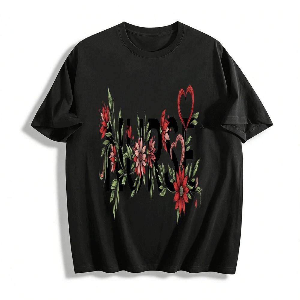 Floral Heart Nurse Graphic Tee Women Casual Nursing Themed Top Pure cotton T-shirt XXS