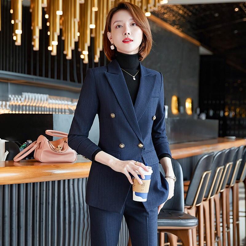 Teluoman Women s Navy Blue Buttoned Professional Suit Set L