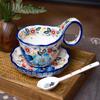 Retro Curved Handle Coffee Cup with Spoon - Hand-Painted Underglaze Breakfast Cup for Oatmeal & Milk.