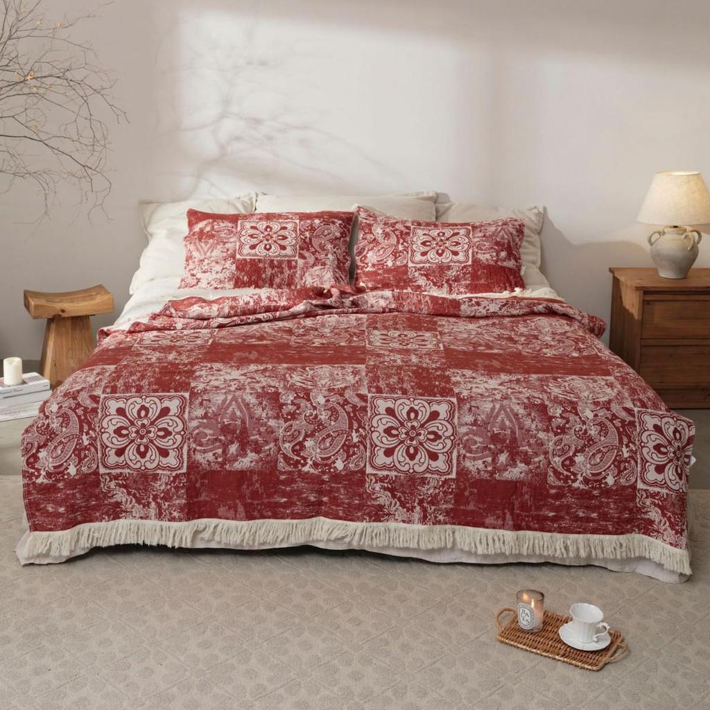 4-Layer Cotton Gauze Jacquard Tassel Blanket - Soft, Breathable, Washable Sofa Throw