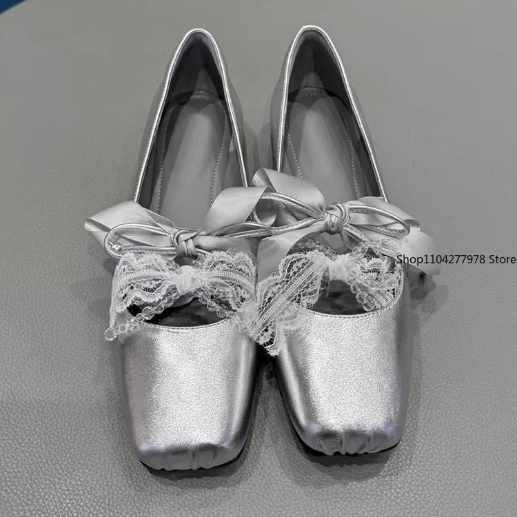 Fashion Ballet Silver Flats Spring Mary Jane Shoes Small Square Bow Flat Shoes Lazy Slip-on Single Shoes Soft Sole Comfort Dress Pumps