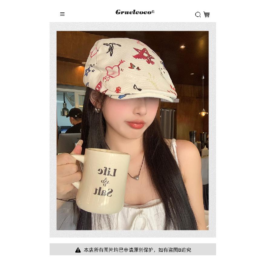 Japanese sweet style~Vintage artistic forward cap for women, summer sun-shading beret, unique retro childlike cute duckbill cap