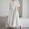 Summer Cotton Linen Dress for Women Short Sleeve Crew Neck A-linen Swing Dress Casual Loose Flowy Beach Sundress with Pockets