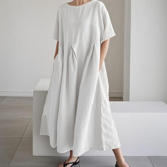 Summer Cotton Linen Dress for Women Short Sleeve Crew Neck A-linen Swing Dress Casual Loose Flowy Beach Sundress with Pockets