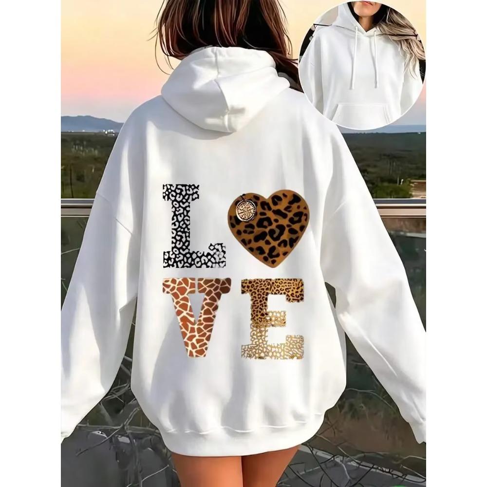Women Leopard Print Letter Graphic Hoodie Long Sleeve with Pocket Casual Daily Fall Winter Pullover Stylish Sweatshirt Women Top