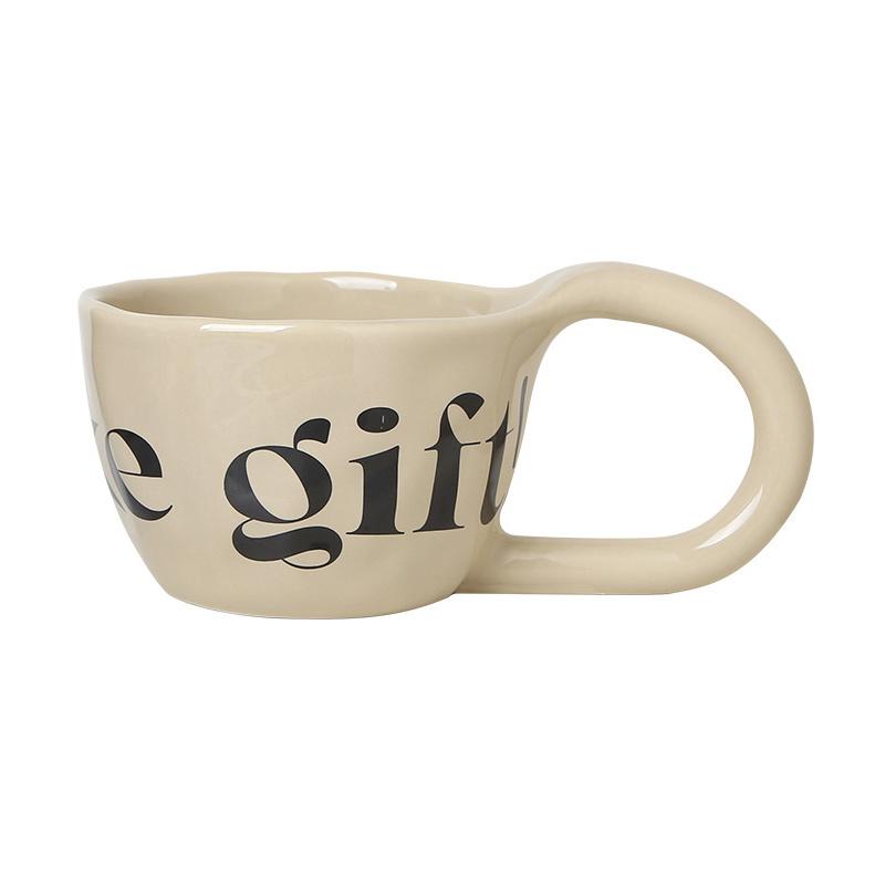 350ml Hand Pinched Irregular Coffee Cups English Alphabet Pattern Ceramic Mug Large Handle Milk Oatmeal Cup Home Water Cup