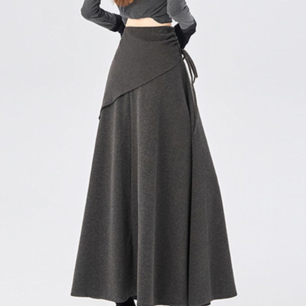 2025 New Design Women's Irregular Gray Woolen A-Line Tie-Up Long Skirt for Autumn/Winter
