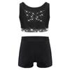 Dívčí gymnasticko-taneční set: Crop top tílko s kamínky, křížením na zádech a véčkem vpředu, s šortkami s elastickým pasem