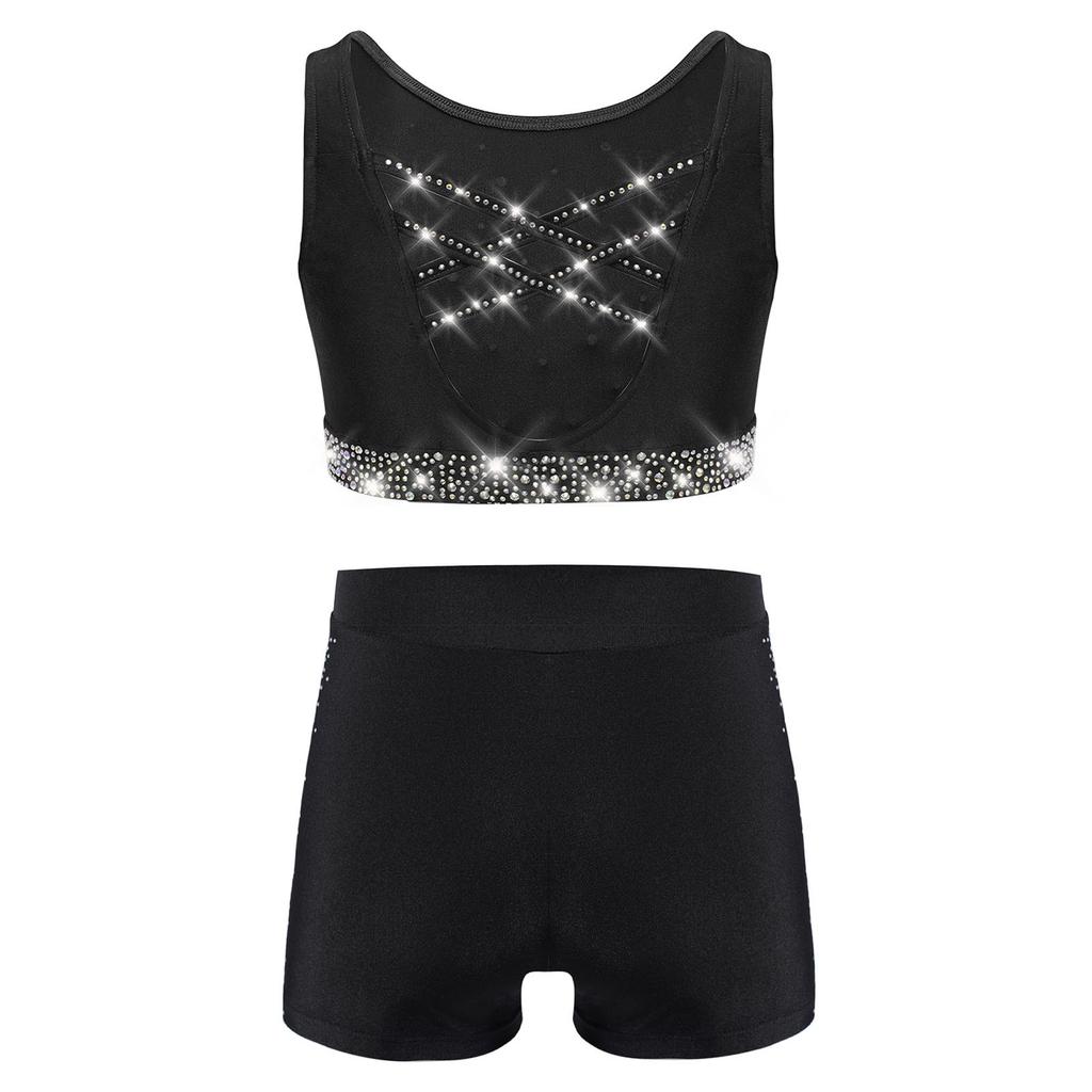 Dívčí gymnasticko-taneční set: Crop top tílko s kamínky, křížením na zádech a véčkem vpředu, s šortkami s elastickým pasem