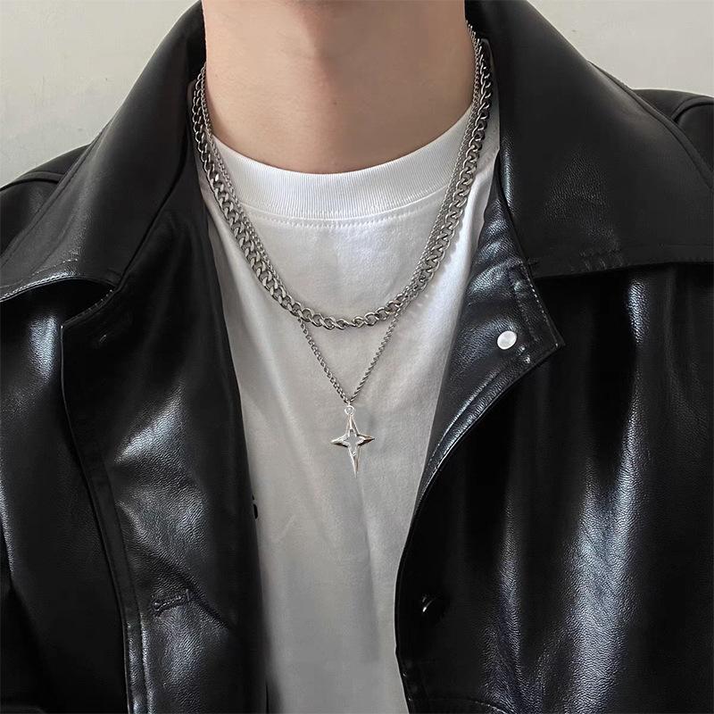 Double Layer Cuban Star Pendant Necklace for Men Titanium Steel Hip Hop Design Clavicle Chain Jewelry