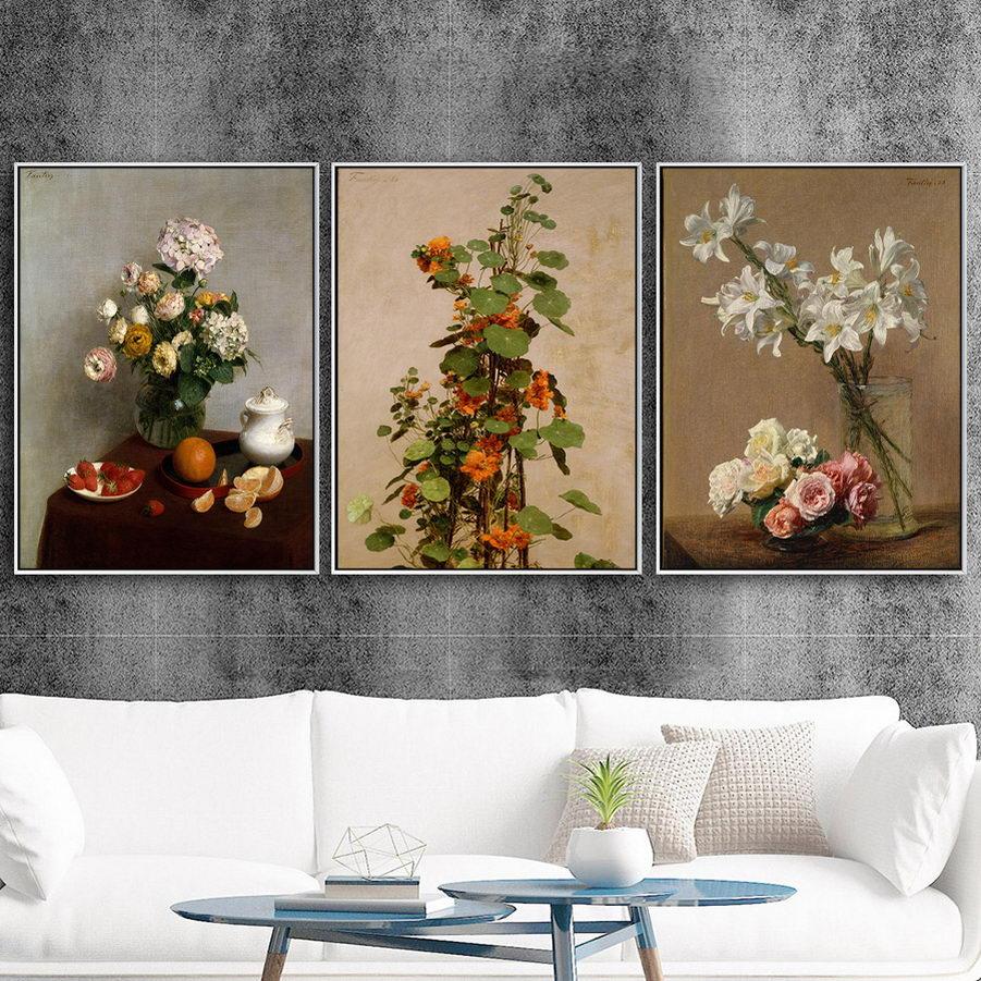 Pictură în ulei pe pânză Floare Vinatge Artă de perete Decor pentru casă Print Pânză Imagini de perete Poster Fantin-Latour Flori Francez Fără ramă